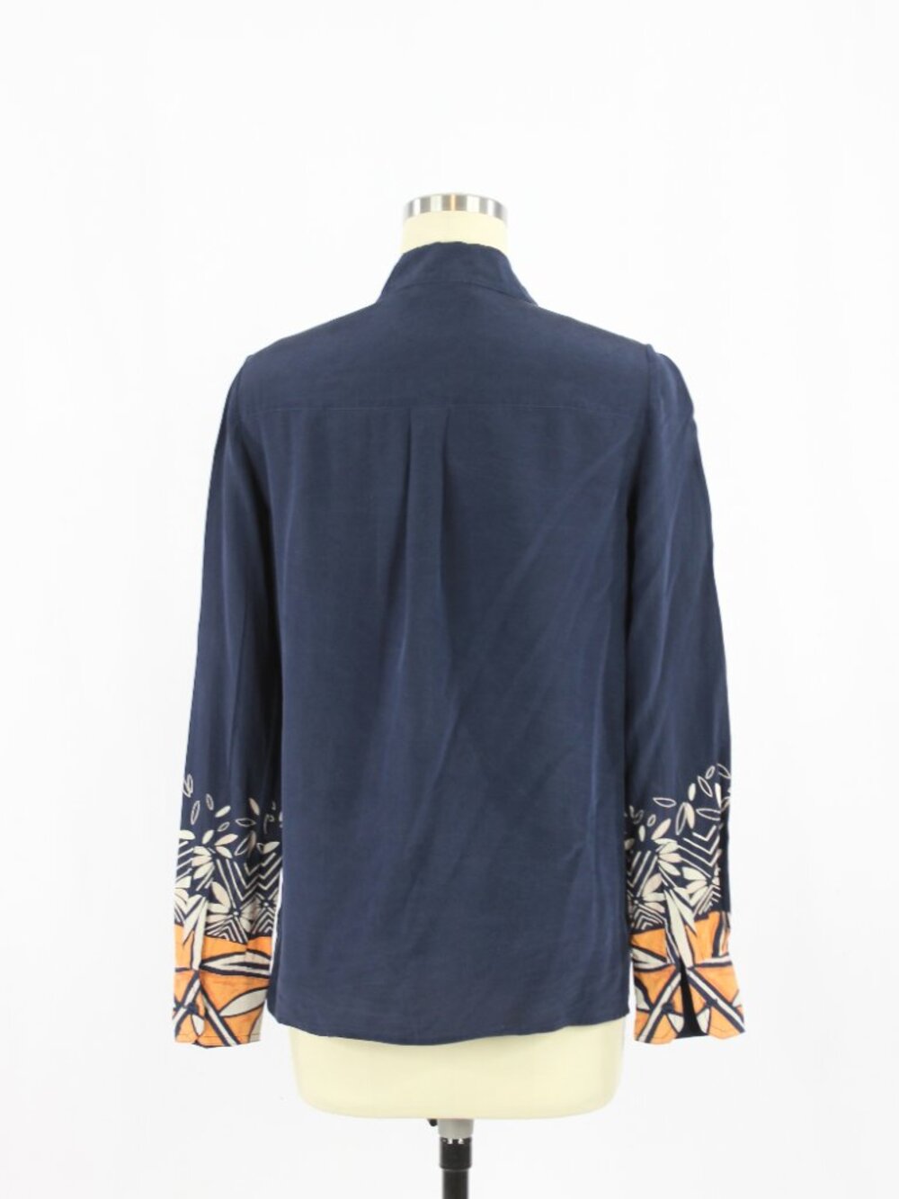 TORY BURCH Navy Blue Python 100% Silk Crepe Floral Long Sleeve Blouse, Size 0 - Picture 3 of 13